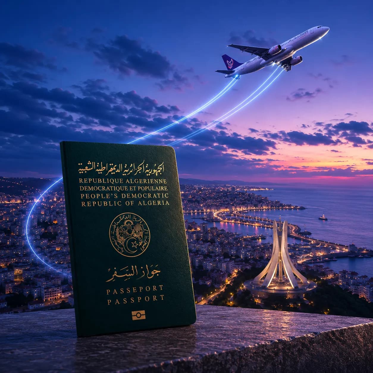 Algerian passport with plane taking off over Algiers bay at sunset